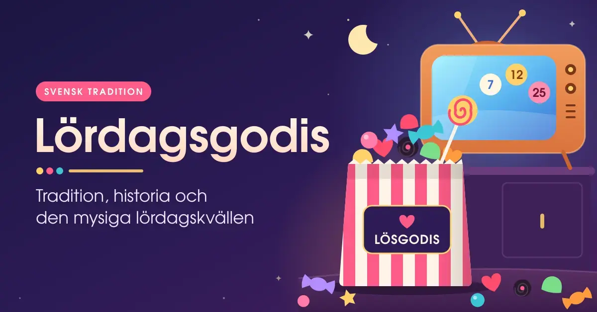 Illustration av en randig påse med lösgodis framför en retro-tv en mysig lördagskväll, bredvid texten ”Lördagsgodis – tradition, historia och den mysiga lördagskvällen”.