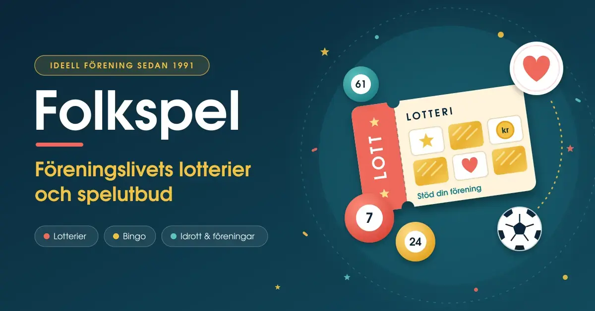 Illustration med en stiliserad lott, bingobollar, ett hjärta och en fotboll bredvid rubriken ”Folkspel – föreningslivets lotterier och spelutbud”.